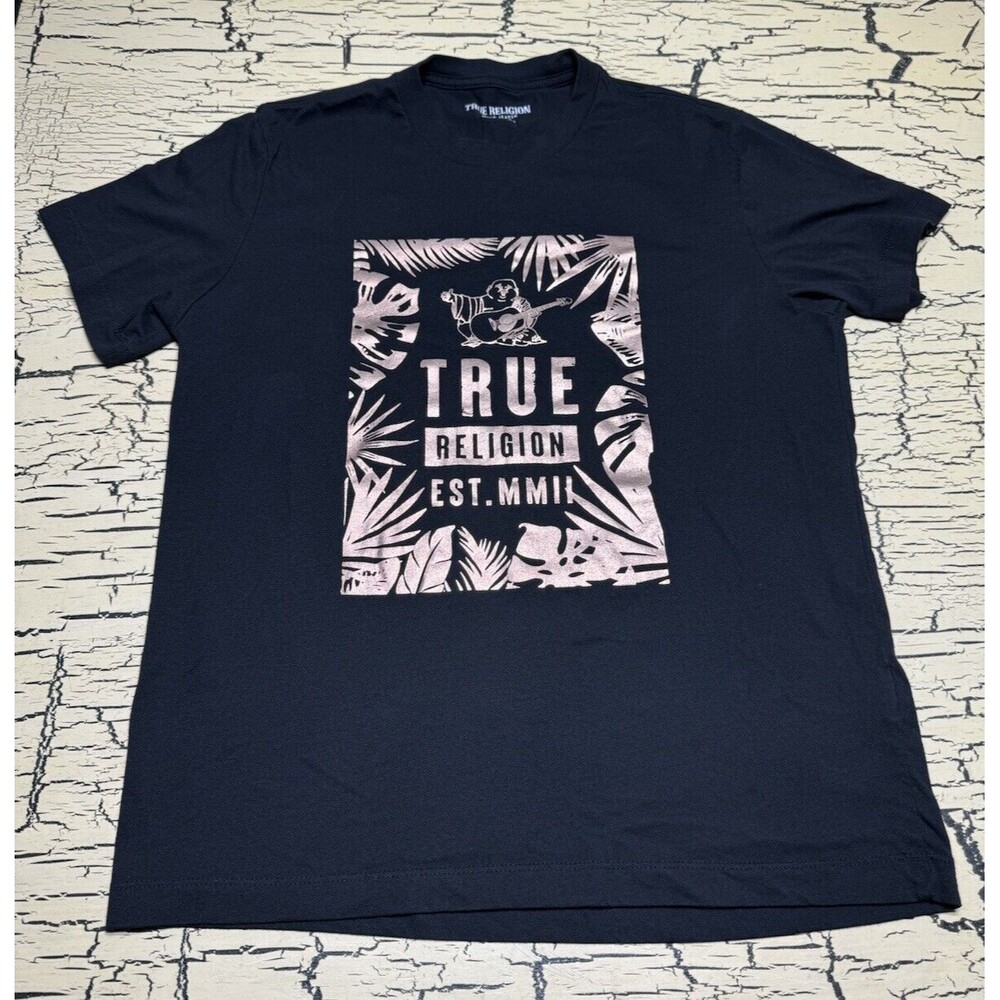 True Religion Black & Metallic Gold Foil T-Shirt Buddha Ladies Unisex Size Small